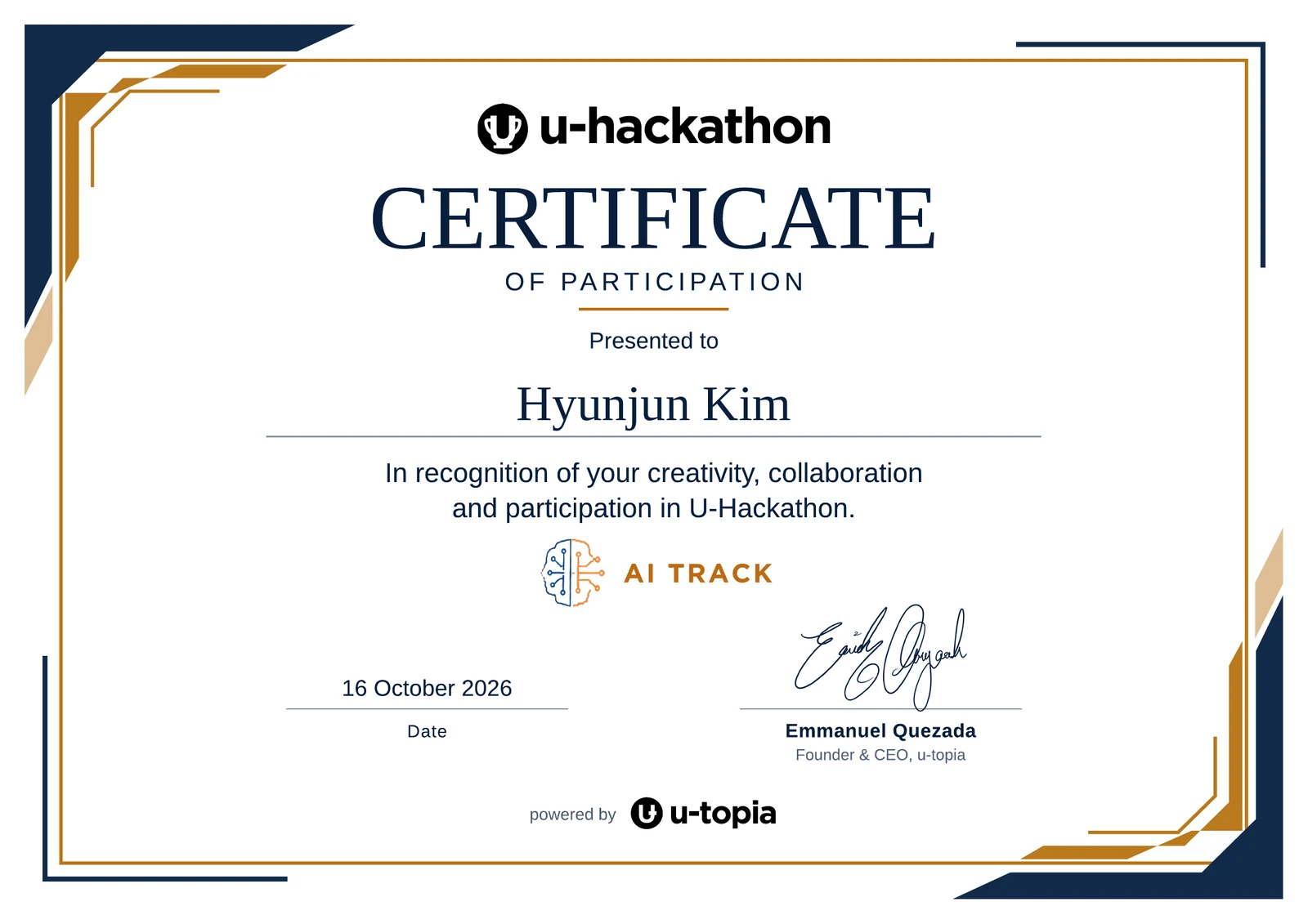 Certificate of Participation — U-Hackathon 2026, AI Track (u-topia), 16 Oct 2026