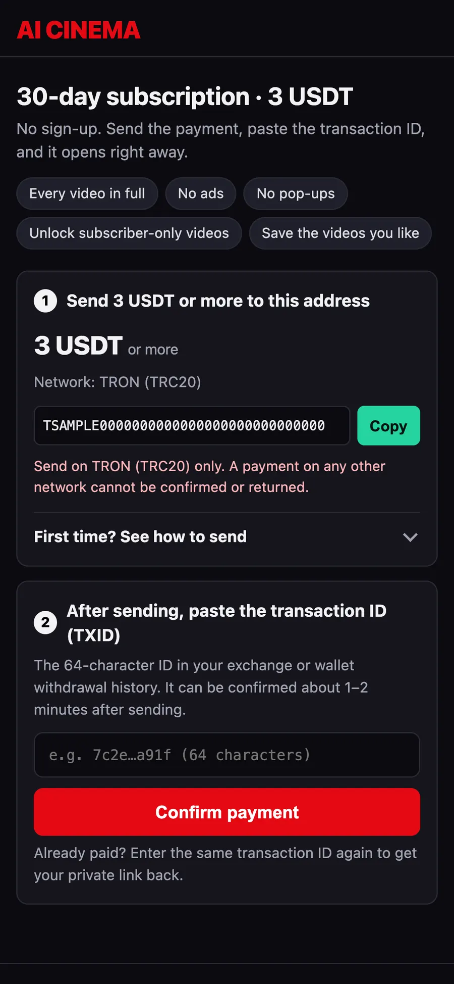 AI Video Streaming Platform — Subscription — paid in USDT